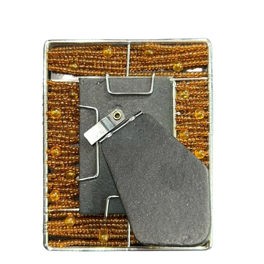 Beaded med brown Silver mini Photo Frame- glass insert- 5x4” whimsical 90s